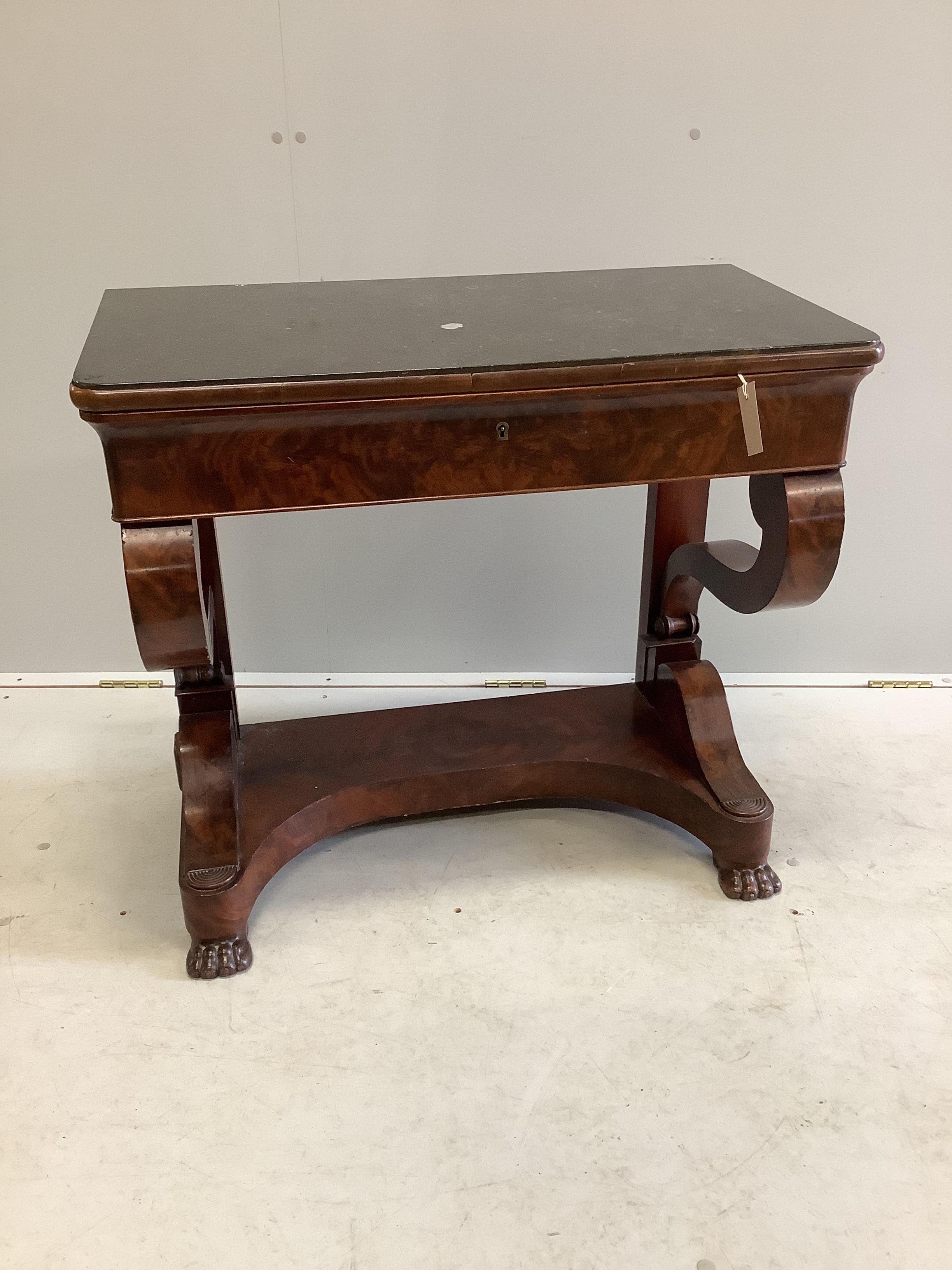 A 19th century French mahogany marble top console table with fitted writing drawer, width 81cm, depth 42cm, height 74cm